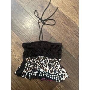 Y2K Just Love Brown Smocked Halter Top Leopard Houndstooth Crop Peplum Large